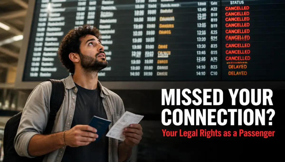 A stressed male traveler checking airport screens after a missed connecting flight, highlighting key passenger rights and next steps for recovery.